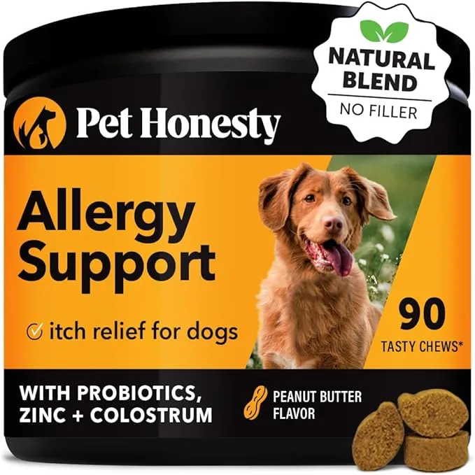 Pet Honesty Allergy Itch Relief for Dogs - Dog Allergy Support Immunity Supplement - Dog Allergy Chews, Probiotics for Dogs, Seasonal Allergies, Skin and Coat Supplement - Peanut Butter (90ct)