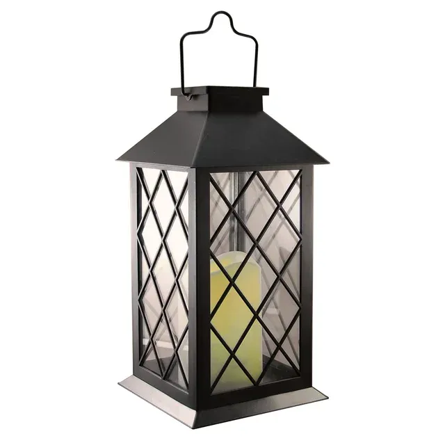 LumaBase Solar Powered Black Tudor Lantern with LED Candle