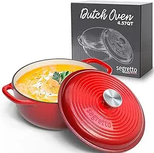 Segretto Cookware Enameled Cast Iron Dutch Oven with Handle, 4.57 Quarts, Ros...