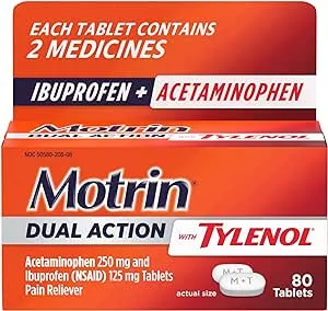 Motrin Dual Action with Tylenol, Dual Action Pain Reliever with Ibuprofen & Acetaminophen, Two Medicines for Minor Aches & Pains, Ibuprofen (NSAID) 125 mg & Acetaminophen 250 mg, 80 ct