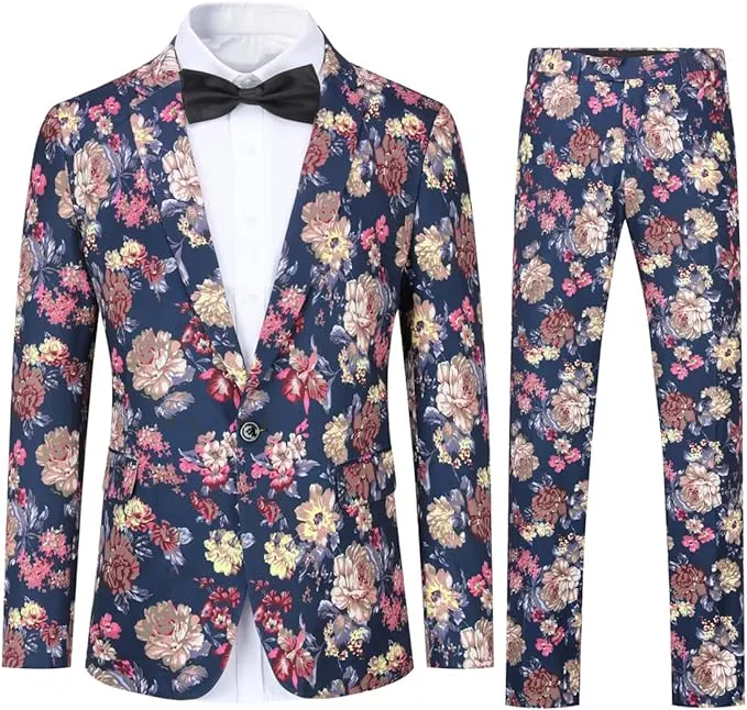 Cloudstyle Mens 2 Piece Suit Notched Lapel Sport Coat Floral One Button Slim Fit Tweed Suit