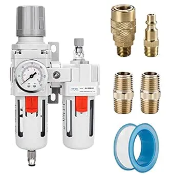 NANPU 3/8" NPT Compressed Air Filter Regulator Lubricator Combo, Water/Oil Trap Separator - Gauge(0-150 psi), Poly Bowl, Semi-Auto Drain, Bracket