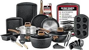 Bakken-Swiss 20-Piece Kitchen Cookware Set – Granite Non-Stick – Eco-Friendly – for All Stoves & Oven-Safe - Marble coating