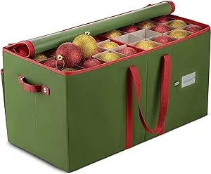 ZOBER Christmas Ornament Storage Box - Stores 64 Ornaments W/Dual Zippers - Non-Woven, Tear- Proof Christmas Ornament Storage Containers - 3 Inch Cube Compartments - Green