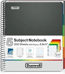 Dunwell 5-Subject Notebook College Ruled - 400 Pages (200 Sheets), Spiral Notebook 8.5 x 11 with Tabs, Dividers, Pockets, Dual Poly Covers, School