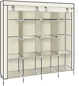 Portable Wardrobe Closet, with 12 Shelves 4 Side Pockets, Closet Organizer Wardrobe Clothes Storage Shelves, for Bedroom Hanging Clothes, Durable and Easy to Assemble