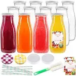 SUPERLELE 12pcs 12oz Glass Bottles with Lids, Reusable Milk Bottle with Straw and Sticky Notes, used for Children and Adults, First Choice for