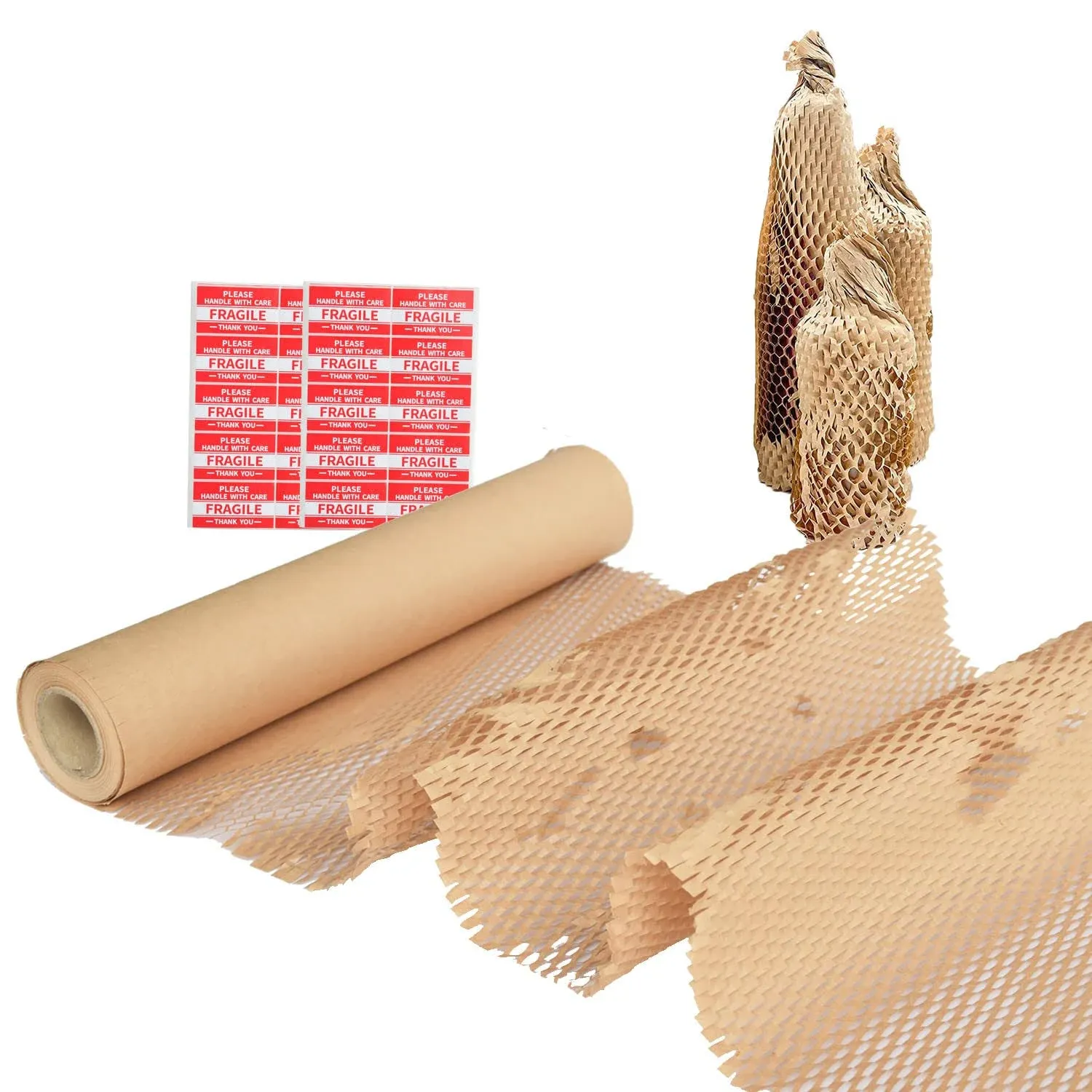 Honeycomb Packing Paper,12" W x 100' L Packing Paper for Moving,Products & Gifts Honeycomb Wrapping Paper,Recyclable and Biodegradable Cushioning Packing Material with 10 Fragile Sticker Labels