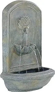 Sunnydaze Seaside 27-Inch Polystone Outdoor Wall Fountain - Electric Submersible Pump - Florentine Stone Finish