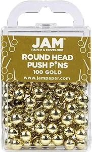 JAM Paper Push Pins, Round Head Map Thumb Tacks, Gold, 100/Pack