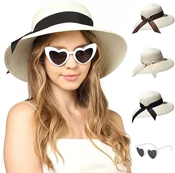 Funcredible Beach Hats for Women - Panama Straw Sun Hat with Heart Shape Glasses