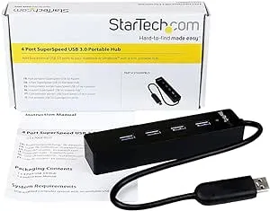 StarTech.com 4-Port USB 3.0 Hub with Built-in Cable - SuperSpeed Laptop USB Hub - Portable USB Splitter - Mini USB Hub (ST4300PBU3), Black