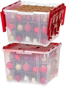 IRIS USA WL-60 Holiday Wing-Lid Box with Ornament Dividers, Red - 2 count