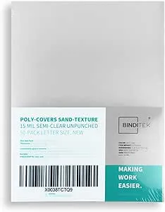 Binditek 50 Pack 15 Mil Frosted Polycover,Semi-Transparent Binding Presentation Covers, 8-1/2 x 11 Inches, Lightly Textured Sand Finish, Square Corners, Un-Punched, Office Supplies