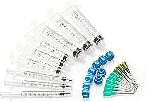 The 9 Pack - 10ml 3ml 1ml Syringes with 14G & 18G Blunt Tipped Dispensing Needles and Syringe Caps, Luer Lock | Repair Refill Mix Measure Transfer Ink Juice Oil Wood Glue Adhesive Epoxy