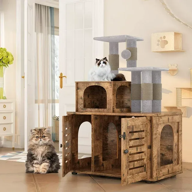 Recaceik Cat Litter Box Enclosure,Hidden Kitty Washroom,Multifuctional Enlarged Cat Litter Cabinet Cat House with Cat Tree Tower Scratching Post,Removable Divider,Rustic Brown