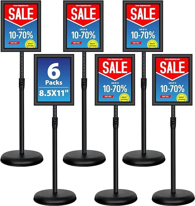 VAIIGO 6Packs 8.5x11 inch Adjustable Pedestal Poster Sign Stand, Heavy Duty Floor Standing Sign Holder Stand Aluminum Snap Open Frame for Vertical