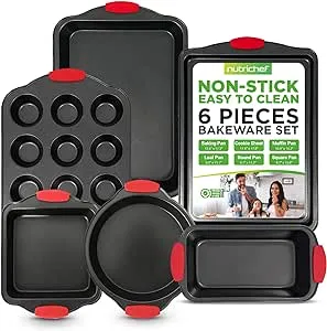 NutriChef 6-Piece Nonstick Bakeware Set - Carbon Steel Baking Tray Set w/ Heatsafe Red Silicone Handles, Oven Safe Up to 450°F, Loaf Muffin Round/Square Pans, Cookie Sheet, Baking Pan -NCSBS6S,Black