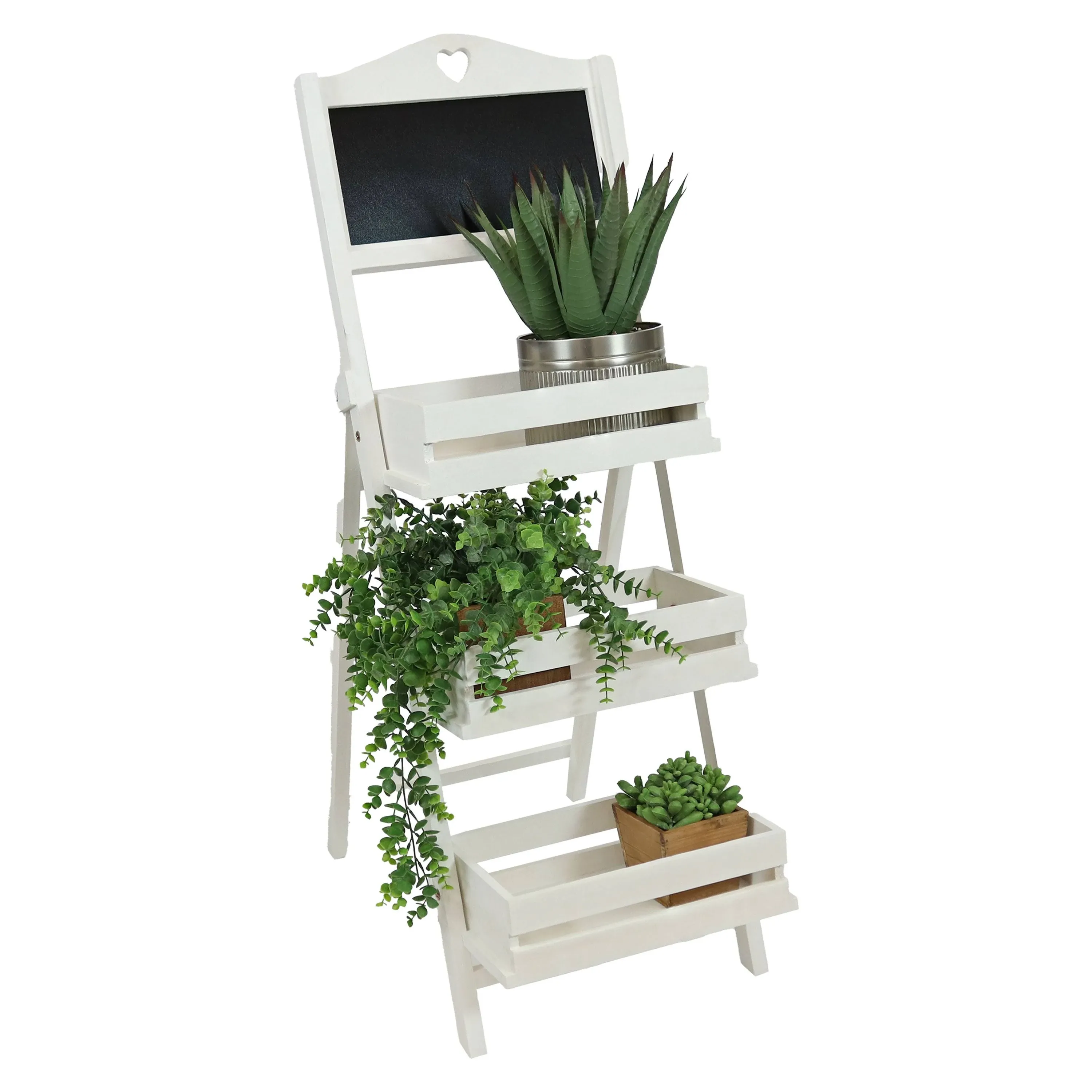 Sunnydaze Country Heart Ladder Plant Stand with Chalkboard 41" H White