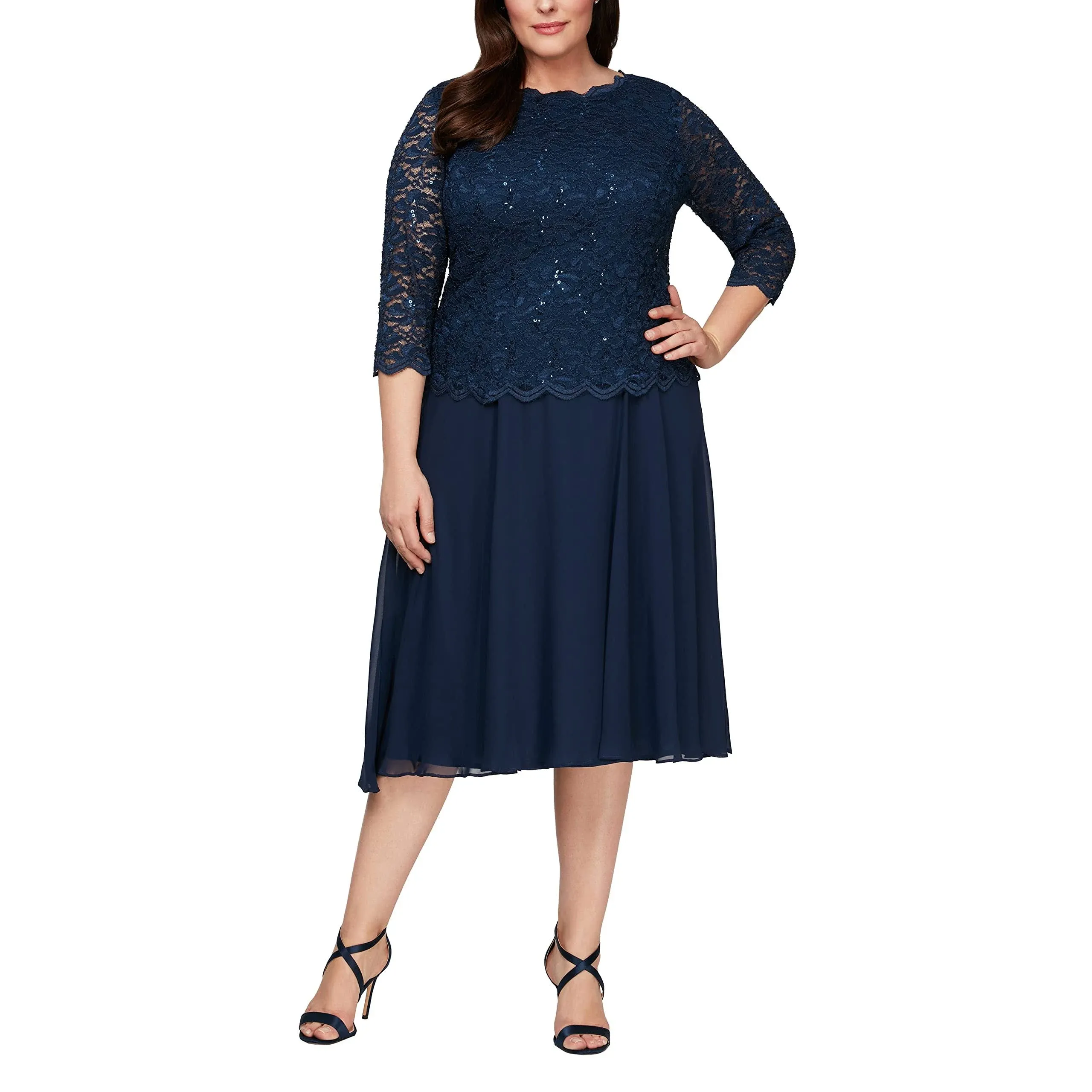 Alex Evenings Plus Tea-Length Dress with Sequin Lace Bodice & Chiffon Skirt Navy / 20W