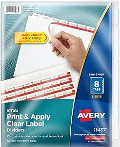 Avery 8 Tab Dividers for 3 Ring Binder, Easy Print & Apply Clear Label Strip, Index Maker Customizable White Tabs, 10-Pack of 5 Sets, 50 Sets Total (11437)