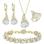 Wedure Bridal CZ Jewelry Sets for Bride, Emerald Birthstone CZ Necklace Earrings Bracelet Ring Sets for Birthday Clear Gold-Tone, Women's, Size: One