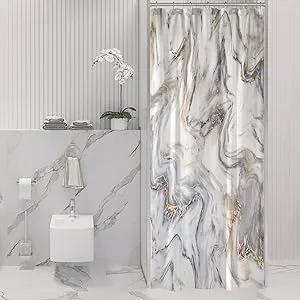 Gibelle Small Stall 36 x 72, Half Narrow Abstract Grey Gold Marble, Modern Luxury Neutral Art Waterproof Fabric Shower Curtain for Bathroom Decor