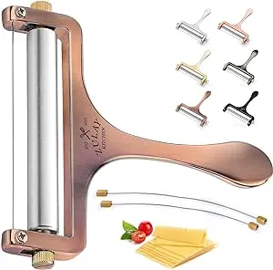 Zulay Cheese Slicer With Adjustable Thickness - Wire Cheese Slicer For Mozzarella Cheese, Cheddar Cheese, Gouda Cheese - Cheese Slicers For Block Cheese Heavy Duty With 2 Extra Wires (Copper)