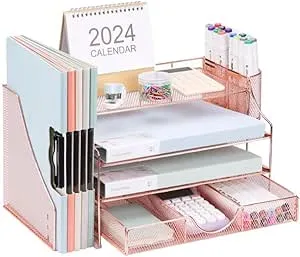 Desk Organizers and Accessories, 4-Tier Paper Tray Rose Gold Mesh Organizer