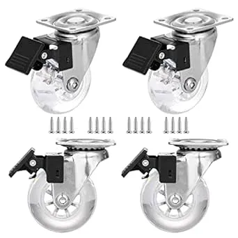 2" Caster Wheels Set of 4, Heavy Duty Casters with Brake, Crystal Clear Swivel Plate Castors, No Noise Locking Casters with Transparent Polyurethane (PU) Wheels (2 inch)