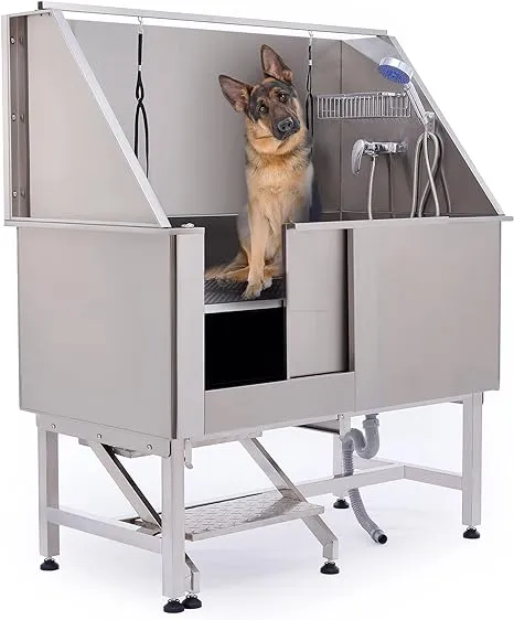 CO-Z 50” Dog Bathing Station for Large Dogs, Professional Dog Grooming Tub Pet Dog Washing Station for Home, Large Dog Bathtub with 304 Stainless Steel Tank, Removable Floor Grate, Steps, Faucet