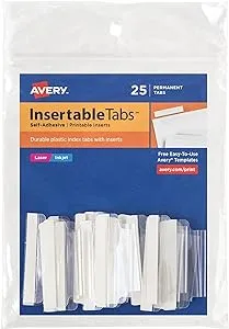 Avery Insertable Self-Adhesive Tabs with Printable Inserts, 2", Permanent Adhesive, Clear, Pack of 25 Index Tabs (16241)