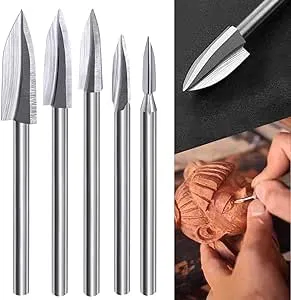 Wood Carving Tools for Rotary Tool, 5 PCS HSS Woodworking Tools Engraving Drill Bit Set Wood Crafts Grinding Tool Universal 1/8” Shank for DIY Carving Drilling Micro Sculpture