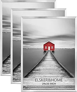 ELSKER&HOME 24x36 Poster Frame 3 Pack, Sliver Picture Frame for Horizontal or Vertical Wall Mounting,Sturdyand Scratch-proof