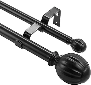 VEVOR Double Rod Curtain Rods, 36-72 inches(3-6ft) Adjustable Length, Black Double Curtain Rods with Cap Finials, 1" and 3/4" Diameter, Double Window Drapery Rod for Sheer and Blackout Curtains