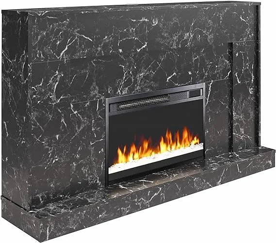 CosmoLiving by Cosmopolitan Liberty 52 Inch Electric Fireplace with Mantel, Replaceable Fireplace Insert Heater, Remote Control, Timer, Color Changing Crystal Ember Flames, Black Marble