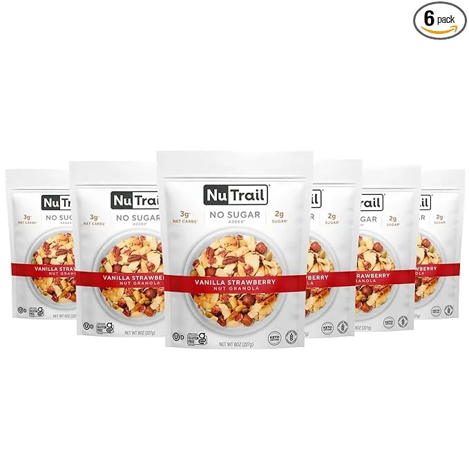 NuTrail Nut Granola Cereal, Vanilla Strawberry, No Sugar Added, Keto, Low Carb, Gluten Free, Grain Free, Healthy Breakfast 8 oz. 6 Count