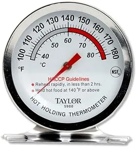 Taylor Precision 5980N Professional Series Hot Holding Thermometer, 2" dial with Stainless Steel casing, 100° to 180°F (38° to 82° C) Temperature Range, HACCP guidelines on dial face, Hangs or Stands