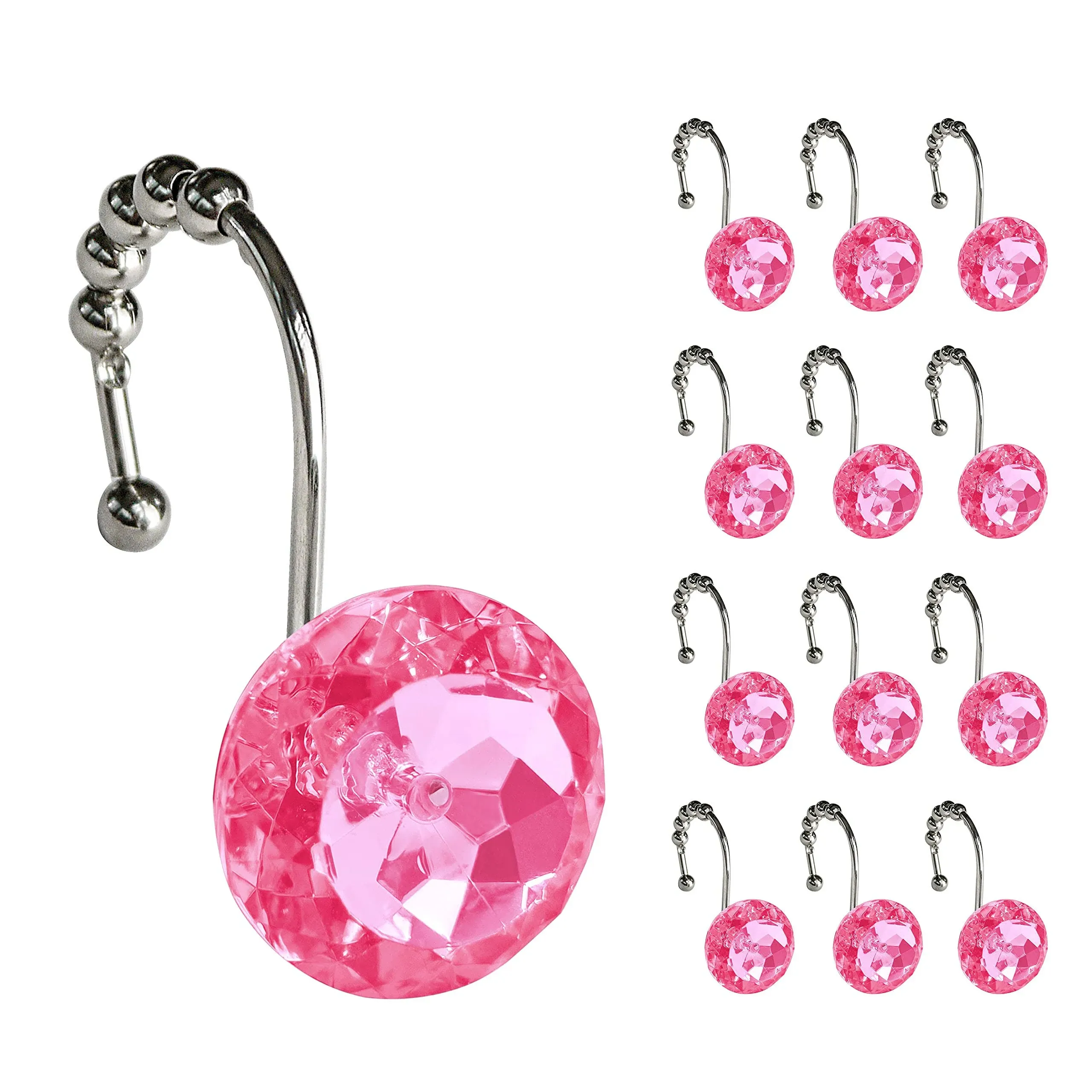 Sunlit Luxury Design Round Hot Pink Diamond Crystal Gem Bling with Glide Balls Shower Curtain Hooks Rust Proof Metal Rhinestone