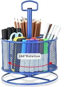 Marbrasse Mesh Desk Organizer, 360-Degree Rotating Multi-Functional Pen Holder, 4 Compartments Desktop Stationary Organizer, Home Office Art Supply Storage Box Caddy (Blue)