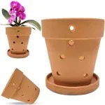 WILD ROOTS CO. Set of 2, 5-inch Terracotta Orchid Pots with Drainage Holes and Saucers. Terracotta Flower Small Planter Clay Garden Pots for Repotting Indoor Outdoor Succulents Air Plants Mothers Day