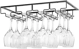 FOMANSH Wine Glass Rack Under Cabinet - Stemware Holder Metal Wine Glass Organizer Glasses Storage Hanger for Bar Kitchen Black 4 Rows