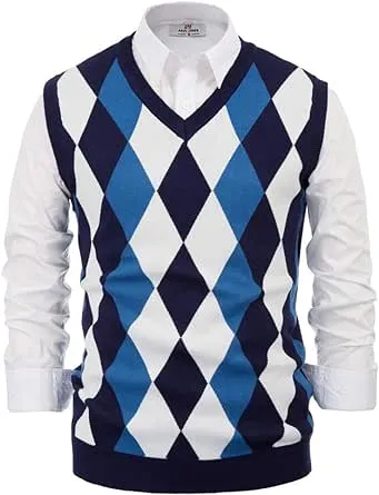 PJ PAUL JONES Mens Casual Argyle Golf Sweater Vest V-Neck Pullover Knitwear Vest