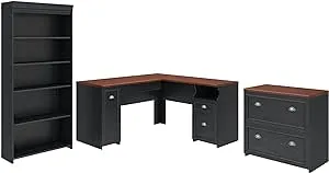 Bush Furniture L Shaped Desk with Drawers, Storage Cabinet, 5 Shelf Bookcase and Lateral File Cabinet | Fairview Collection Home Office Furniture Sets | 60Wx60Dx69H