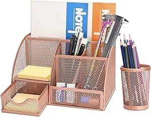 Flexzion Desk Top Caddy Organizer - Black Office Desk Accessories Organizer and Storage - Metal Mesh Desk with 6 Compartments, Drawer and Pen Holder