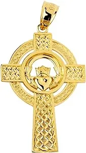 14K Yellow Gold Celtic Claddagh Cross Pendant