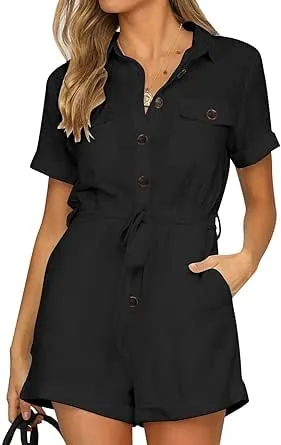 GRAPENT NWOT Women&#x27;s Short Sleeve Button
Down Pockets Belted Jumpsuits Rompers