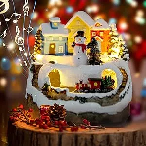 TOYESUNA Christmas Village Figurines Musical Snow Globe Christmas Collectible Buildings Decoration with Spinning Train 8 Music & LED Light for Christmas Home Decor Gift Santa Claus (Snowman) (W01)