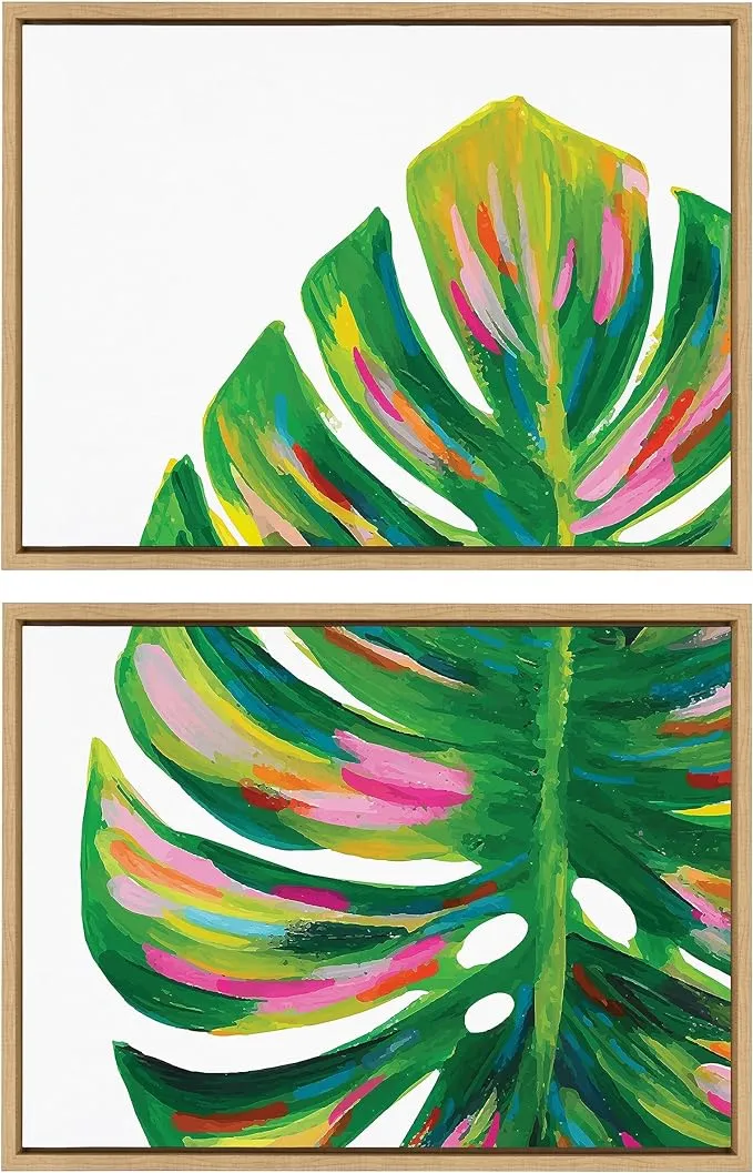 Kate and Laurel Sylvie Monstera 1 and 2 Framed Canvas Wall Art Set by Jessi Raulet of Ettavee, 2 Piece 18x24 Natural, Colorful Plant Leaf Art for Wall