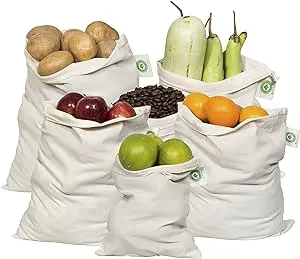 Reusable Produce Bags Cotton Washable - Organic Cotton Vegetable Bags - Cloth Bag with Drawstring - Muslin Cotton Fabric Produce Bags - Bread Bag - Set of 6 (2 Large, 2 Medium, 2 Small)